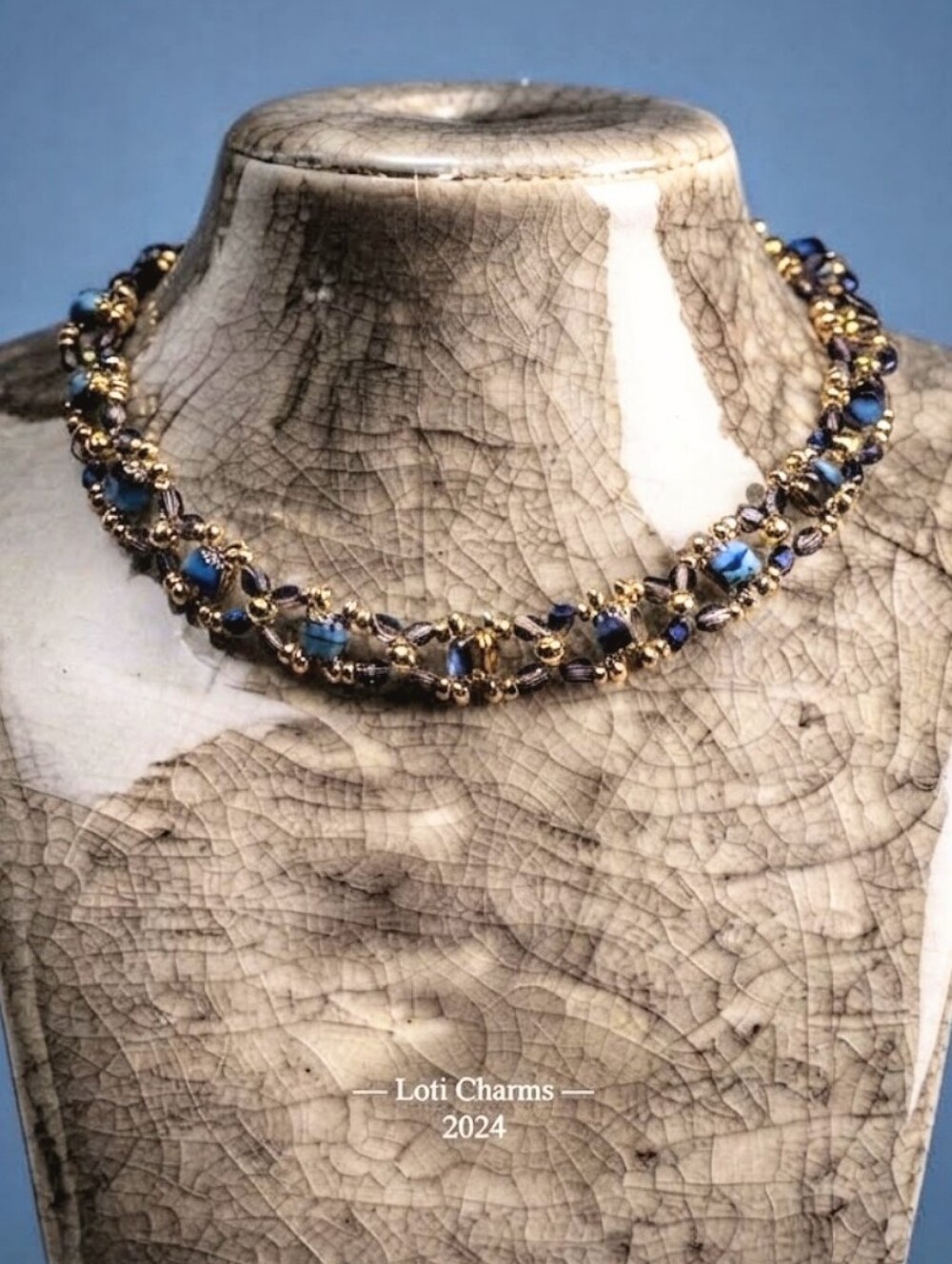Victorian Metallic Blue Crystals & Glass Gold Plated Artisan Choker & Earrings